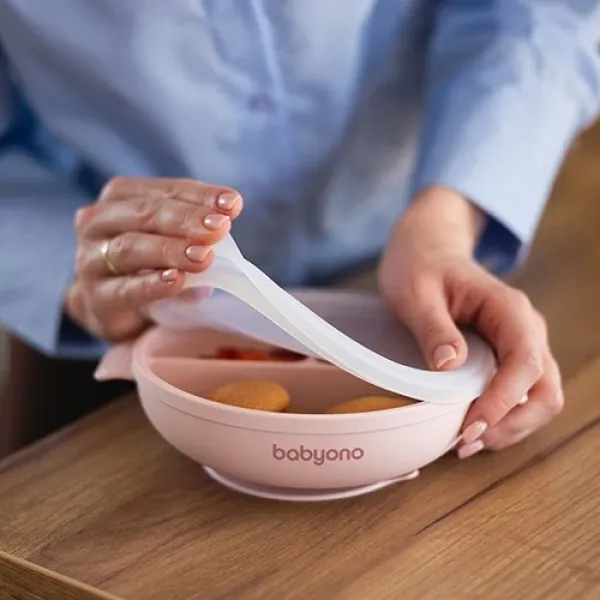 BabyOno | Πιάτο σιλικόνης με 3 θέσεις, καπάκι & βάση με βεντούζα - Ροζ