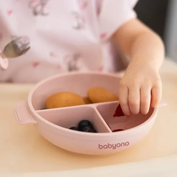BabyOno | Πιάτο σιλικόνης με 3 θέσεις, καπάκι & βάση με βεντούζα - Ροζ