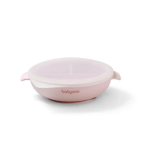 BabyOno | Πιάτο σιλικόνης με 3 θέσεις, καπάκι & βάση με βεντούζα - Ροζ