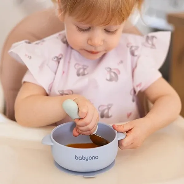 BabyOno | Μπολάκι σιλικόνης με λαβές, καπάκι & βάση με βεντούζα - Μπλε